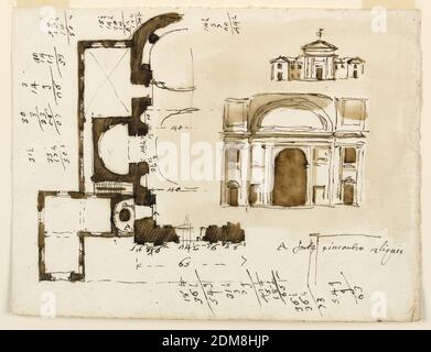 Elevazione di una Chiesa per Monte Vergine, Giuseppe Barberi, italiano, 1746–1809, penna e inchiostro marrone, pennello e lavaggio marrone, inchiostro rosso su carta lignea biancastra, a sinistra, metà di un piano con misure. In alto a destra: Una piccola variazione dimensionale del design -1140. Centro destro: Una sezione. Un arco è affiancato da due coppie di pannelli di parete, di cui quelli esterni sporgono. Vault. Verticalmente, conti., Roma, Italia, 1784, architettura, disegno Foto Stock