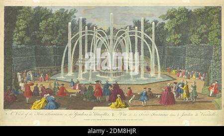 Una vista delle tre fontane nei giardini di Versailles, S. Rigaud, James Whittle, Robert Lawrie, British, 1755 - 1836, incisione, pennello e acquerello su carta, le tre fontane, centro. Alte pareti arbustive e alberi intorno. Molti uomini e donne in primo piano. Titolo, artisti e nomi degli editori qui sotto., Europa, Londra, Inghilterra, 1818, Stampa Foto Stock