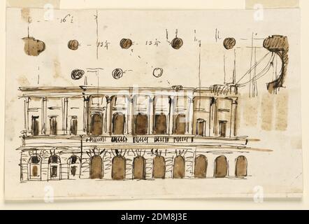 Elevazione di un palazzo comunale, Giuseppe Barberi, italiano, 1746–1809, penna e inchiostro marrone, pennello e lavaggio marrone su carta lignata biancastra, Roma, Italia, 1746-1809, architettura, disegno Foto Stock