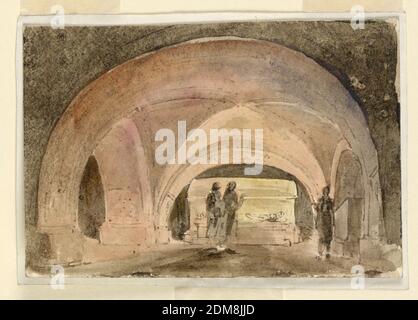 Scenografia, Cripta con sarcofago, penna e seppia, pennello e lavaggio su carta, rettangolo orizzontale. Cripta con sarcofago in vetro, cadavere all'interno, tre figure che sorvegliano o visitano., Italia, primi anni del XIX secolo, teatro, disegno Foto Stock