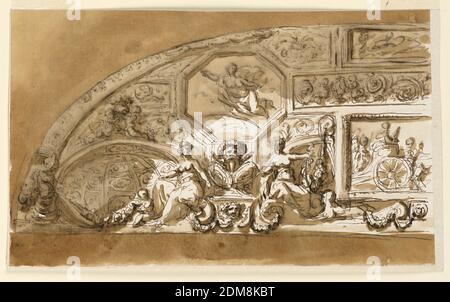 Design per decorazione a soffitto, Giuseppe Barberi, 1746–1809, penna e inchiostro marrone, pennello e lavaggio marrone su carta lignata biancastra, Roma, Italia, 1746-1809, interni, disegno Foto Stock