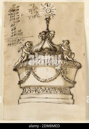 Disegno per un fonte battesimale, Giuseppe Barberi, italiano, 1746–1809, penna e inchiostro marrone, pennello e lavaggio marrone su carta stampata biancastra, sotto sono due plinti e una stampigliatura con foglie. La ciotola circolare è decorata con festoni, sorretta da bowknots, e il bordo con foglie. Il bordo ha la forma di una corta cupola a cipolla, con, in alto visibile, due cherubini che sostengono un calice con un ospite che lo sovrasta. Due angeli siedono accanto alla cupola. Solite background., Roma, Italia, ca. 1775, architettura, disegno Foto Stock