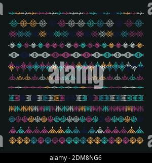 Colori ornamenti etnici. Design geometrico tribale, stile azteco, texile nativo americano. Elementi vettoriali per pennelli, trame, motivi. Illustrazione Vettoriale