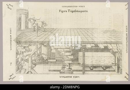 Piatto XXXIV da Theatrum instrumentorum et machinarum, Julio Paschale, Woodcut su carta, vista in sezione di due piani di un edificio. In alto a sinistra, un cavallo agganciato ad una macchina per tirare grandi blocchi pesanti (di marmo?) Nell'edificio al piano sottostante., Lione, Francia, 1582, Stampa Foto Stock