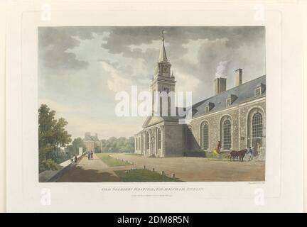 Old Soldiers Hospital, Kilmainham, Dublin, James Malton, inglese, 1761 - 1803, Aquatint, pennello e acquerello su carta, l'ospedale è mostrato a destra, con una torre sopra l'ingresso principale. Muro di terraza a sinistra. Qui sotto, titolo, nome dell'artista e dell'editore e data., Inghilterra, 1794, Stampa Foto Stock