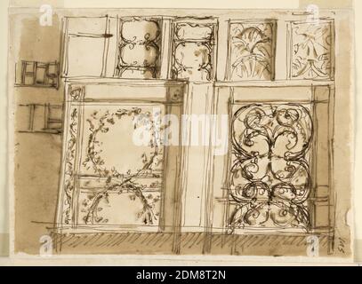 Design per decorazione a soffitto, Giuseppe Barberi, 1746–1809, penna e inchiostro marrone, pennello e lavaggio marrone su carta lignata biancastra, Roma, Italia, 1746-1809, interni, disegno Foto Stock