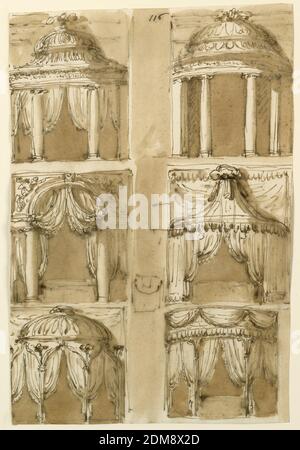 Sei disegni per alcove da camera da letto, Giuseppe Barberi, italiano, 1746–1809, penna e inchiostro marrone, pennello e lavaggio marrone su carta defilata biancastra, fila superiore: A sinistra, un baldacchino sostenuto da due colonne ioniche con tende. A destra: Un altro tettuccio, simile, senza tende. Fila centrale: L'ingresso dell'alcova ha la forma di un arco, sostenuto da due colonne, lateralmente due vani aperti con un'entablatura diritta. Le tende sono in ogni apertura. La parete accanto all'arco è decorata con due figure volanti. A destra, la tettoia è conformata come la parte anteriore di una tenda Foto Stock