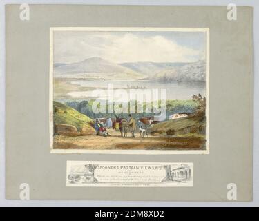 Giocattolo ottico: 'Windermere' (Spooner's Protean views, no. 7), William Spooner, Inghilterra, attivo 1830 – 1854, litografia, pennello e acquerello su carta, montato, Vista del lago Windermere visto da una collina. Tenuto alla luce, la scena mostra un viadotto ferroviario sul lago. Sotto, titolo e: "Che, tenendo forte la luce, cambia in una vista del Viadotto della ferrovia di Greenwich." Il nome dell'editore qui sotto., Londra, Inghilterra, ca. 1838, Stampa Foto Stock