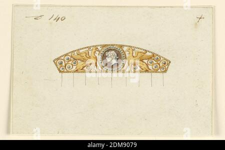 Design per un pettine, penna e inchiostro marrone, pennello e giallo, marrone, blu-grigio lavaggio su carta wove bianca, deformato, rettangolo orizzontale. Disegno per la cresta di un pettine per capelli destinato ad essere realizzato in metallo dorato con diamanti e un cameo. Al centro, un cammeo circolare con la testa di Bacco, tra due grifoni. Nove denti disegnati sotto., Italia, ca. 1810, gioielli, disegno Foto Stock