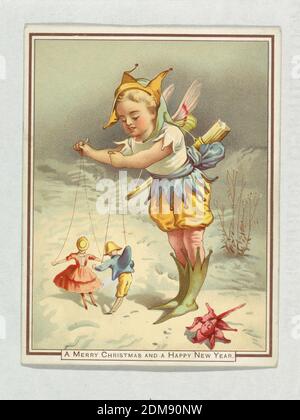 Saluto di Natale, Chromolithograph su carta, UNO sprite invernale è visto in piedi nella neve manipolando due marionette. Sotto: 'Un buon Natale e un felice anno nuovo'., Stati Uniti, ca. 1890, biglietto d'auguri, biglietto d'auguri Foto Stock