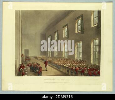 Military College, Chelsea, da 'Ackermann's Repository', Thomas Rowlandson, British, 1756–1827, Augustus Charles Pugin, francese, attivo Gran Bretagna, ca. 1762–1832, Thomas Sutherland, British, 1785 - 1838, Aquatint, pennello e acquerello su carta, giovani uomini in giacca rossa e pantaloni blu, seduti in file alla scrivania, lungo un muro di una sala, ascoltando una lezione. Altri a sinistra, in piedi davanti alle scrivanie. Titolo, artisti e nomi degli editori qui sotto., Europa, Londra, Inghilterra, 1810, Stampa Foto Stock