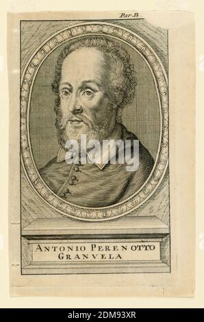 Ritratto di Antonius Perrenot, Cardinale de Granville (1517-1586), incisione su carta, Ritratto a tre quarti, rivolto a sinistra, dell'anziano cardinale. Il telaio ovale è sostenuto da un pesedtal inscritto., Italia, 1725-1750, Stampa Foto Stock