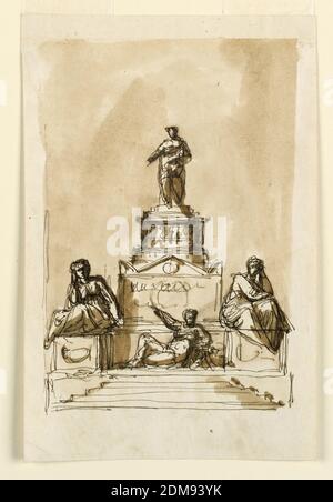 Monumento sepolcrale, Giuseppe Barberi, italiano, 1746–1809, penna e inchiostro marrone, pennello e lavaggio marrone su carta, probabilmente per il giovane pretendente Charles Edward Stuart, morto nel 1788. I gradini conducono ad una piattaforma sui cui angoli sono dei piedistallo oblungi con figure femminili sedute. Tra i piedistallo c'è una donna con figure femminili sedute. Tra i piedistallo c'è una donna mostrata dalla parte anteriore seduta sulla piattaforma e che punta all'iscrizione al sarcofago che sorge dietro di lei. Sopra di esso si trova un piedistallo circolare con una fascia sopra il suo fregio simile a 1938-88-1263. Foto Stock