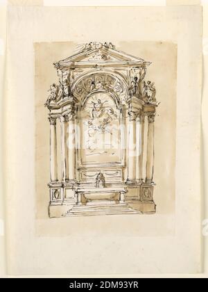 Disegno di un altare maggiore, Giuseppe Barberi, italiano, 1746–1809, penna e inchiostro marrone, pennello e lavaggio marrone su carta lignata biancastra, la parte centrale della mensola ha la forma di una nicchia, davanti alla quale, sotto, è un pannello con due festoni, sopra una foto, Probabilmente la Vergine, portata dagli angeli sulle nubi nel cielo. Sulla parte superiore della cornice circolare sono presenti due angeli. In altezza del bordo angolare superiore del telaio è lateralmente un'entablatura. È curvo e sporgente frontalmente, l'estremità esterna essendo supportata da una colonna, quella interna da un pilaster Foto Stock