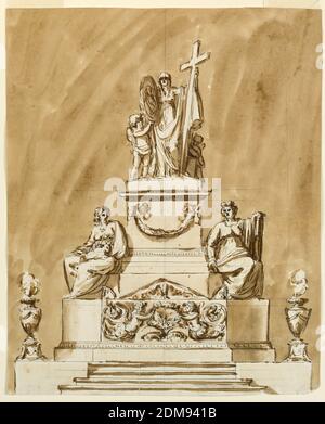 Disegno per un monumento sepolcrale di Re Luigi XVI di Francia, Giuseppe Barberi, italiano, 1746–1809, penna e inchiostro marrone, pennello e lavaggio marrone, grafite su carta defilata biancastra, la base è una variazione di 1938-88-1288, con urne agli angoli, il resto una variazione di 1938-88-1289. L'intero fronte della parte inferiore del piedistallo è trattato come quello di un sarcofago, con due semi-figure di putti che sostengono una corona, e con un frontone triangolare e due acroteri. Accanto alla parte superiore del piedistallo si siedono due allegorie femminili, quella sinistra con una pecora in grembo. Foto Stock