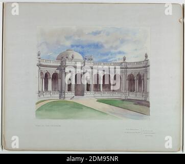 Elevazione di un Mausoleo proposto, R. H. Robertson e R. Burnside Potter, Architetti, americano, pennello e acquerello, grafite su tavola pesante, UNA vista dell'approccio alla cappella dall'interno della corte., New York City, New York, USA, ca. 1920, architettura, disegno Foto Stock