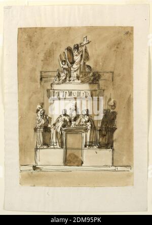 Disegno per un monumento sepolcrale di Re Luigi XVI di Francia, Giuseppe Barberi, italiano, 1746–1809, penna e inchiostro marrone, pennello e lavaggio marrone, la base ha alcuni gradini, con piccole parti laterali in muratura. La struttura ha un calzino oblungo e una parte superiore rotonda a torre. Davanti c'è un portone sul cui entablature appoggiano due donne - quella sinistra è vista davanti, quella destra nel profilo - accanto ad un'urna con una fiamma. Si trovano sulla calza. Corrispondenti lateralmente sono le donne che si trovano accanto ad un'urna simile che si trova su quella che sembra essere una balaustra. Foto Stock