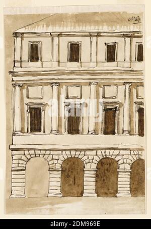 Elevazione di un palazzo comunale, Giuseppe Barberi, italiano, 1746–1809, penna e inchiostro marrone, pennello e lavaggio marrone su carta lignea biancastra, UN colonnato rustico di tre archi e mezzo si trova al piano terra. Il primo spazio intercolonnare è mostrato senza una parete nella parte posteriore. Ci sono due ordini. Tra le colonne ioniche incorporate vi sono finestre sotto quadrati stampati. Nella parte superiore del piano sono le finestre tra i pilasters. Tetto piramidale, Roma, Italia, ca. 1793-1794, architettura, disegno Foto Stock