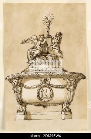 Disegno per un font battesimale, Giuseppe Barberi, italiano, 1746–1809, penna e inchiostro marrone, pennello e lavaggio marrone su carta rivestita biancastra, la ciotola circolare è sostenuta da piedi leone, due sono visibili su due plinti. Dai piedi si alzano volute con cherubini in cima. Al centro, sopra la facciata, c'è un bowknot dal quale pendono un medaglione circolare con la rappresentazione del battesimo di Cristo, e festoni verso il basso i cherubini. Il lif è incorniciato da una base rotonda, con un gruppo di angeli seduti e inginocchiati sulle nubi insieme che sostengono un alto calice con l'ospite che lo sorvola Foto Stock