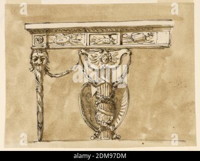 Tavolo da console, Giuseppe Barberi, 1746–1809, penna e inchiostro marrone, pennello e lavaggio marrone su carta defilata biancastra, Design per tavolo da console, Roma, Italia, 1746–1809, Mobili, disegno Foto Stock