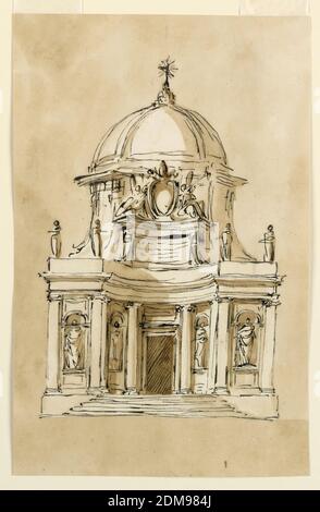 Elevazione di una chiesa, Giuseppe Barberi, italiano, 1746–1809, penna e inchiostro marrone, pennello e lavaggio marrone su carta defilata biancastra, Roma, Italia, 1746-1809, architettura, disegno Foto Stock