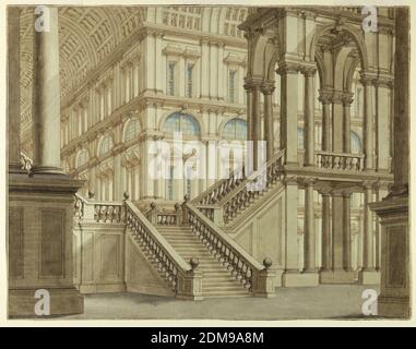 Scenografia; Palazzo cortile con scala, penna e inchiostro marrone, marrone, blu e grigio lavaggio su carta, rettangolo orizzontale: scale che da destra a sinistra su un angolo di un portico, grandi sale sullo sfondo., Italia, XVIII secolo, architettura, disegno Foto Stock