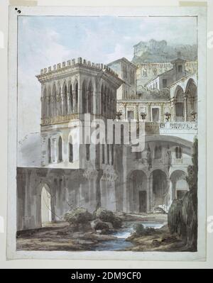 Scenografia, Vista della città su Hillside, penna e inchiostro marrone, pennello e lavaggio su carta, rettangolo verticale. Palazzo Gotico ai margini di un piccolo fiume, l'edificio vicino pende su una collina. Chiesa e altri edifici in cima alla collina., Italia, primi del 19 ° secolo, teatro, disegno Foto Stock