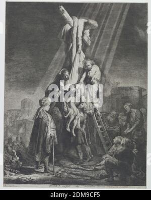 La discesa dalla Croce, Rembrandt Harmensz van Rijn, olandese, 1606–1669, incisione su carta, raggi di luce gettano il gruppo centrale, che rappresenta la figura di Cristo rimosso dalla Croce, in forte sollievo. Altre figure in primo piano, destra; sfondo, sinistra. Lo spettatore, a sinistra, indossa una cuffia ricamata riccamente e un turbante orientale (probabilmente Giuseppe d'Arimatea)., Olanda, 1633, figure, Stampa Foto Stock