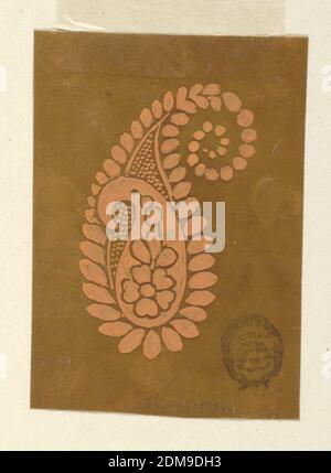 Disegno per Paisley intrecciato, pennello e gouache arancio-rosa su carta traslucida lubrificata marrone, disegno per paisley (cono tessuto persiano). Un piccolo cono contenente una tosse di fiori si trova all'interno di uno più grande, curvato in alto nella direzione opposta e che mostra un campo punteggiato. I bordi del più grande sono rivestiti con foglie., Francia, 1825–40, disegni tessili, disegno Foto Stock