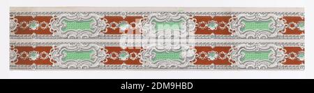 Bordo, stampigliato a blocchi e floccato su carta fatta a macchina, stanghette stampate mensola un'ampia struttura centrale di rococò cartouch con centri di pannolino diamantati lisci collegati da catene che hanno un quatrefoil come loro maglia centrale. Stampato in floccaggio rosso mattone, grigio, bianco e verde su un rivestimento di base rosa, N. H 188, Francia, 1835–60, Wallcoverings, Border Foto Stock