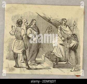 Pilato lava le mani, incisione di legno sulla carta, è sul trono, a destra Cristo e due soldati sono a sinistra., Francia, 1840, Stampa Foto Stock