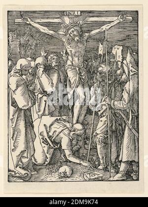 Cristo sulla Croce (la Crocifissione), dalla Serie piccola Passione, Albrecht Dürer, tedesco, 1471–1528, legno sulla carta, Cristo è sulla croce al centro della composizione, di fronte allo spettatore. Maria Maddalena si inginocchia ai piedi di Cristo, la mano sinistra che ricopre il volto. Soldati a destra. Monogramma di Dürer su pietra, vicino in basso a destra., Germania, ca. 1509–1511, Stampa Foto Stock