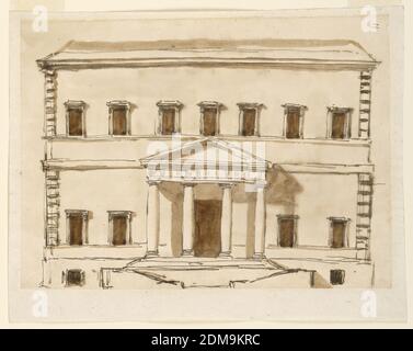 Elevazione di una villa, Giuseppe Barberi, italiano, 1746–1809, penna e inchiostro marrone, pennello e lavaggio marrone su carta deposta biancastra, fiancheggiata, Voli di scale fiancheggiate da finestre del seminterrato portano al portico di quattro colonne con un fregio triglicifero e frontone triangolare. Sette finestre all'ultimo piano. Angolo superiore destro: '11', verticale. Forse per Villa Poniatowsky., Roma, Italia, 1792–1794, architettura, disegno Foto Stock