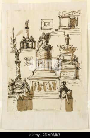 Monumenti sepolcrali, Giuseppe Barberi, italiano, 1746–1809, penna e inchiostro marrone, pennello e lavaggio marrone su carta lignata biancastra, il disegno principale rappresenta l'elevazione di un monumento con un alto piedistallo. La sua parte inferiore è quadrangolare con basi obliquamente sporgenti con figure agli angoli. La parte superiore del piedistallo ha la forma di una parte inferiore di una colonna a fasce sui due tamburi dei quali sono rappresentate le figure. In cima si siede quello che apparentemente è un vecchio che tiene un medaglione ritratto. Foto Stock