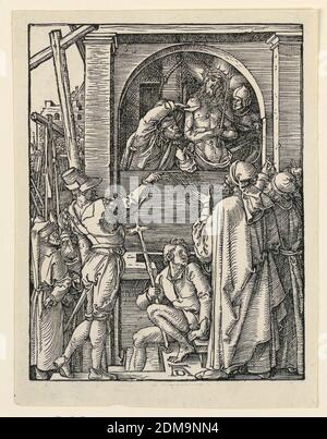 Cristo davanti al popolo (Ecce Homo), dalla Serie piccola Passione, Albrecht Dürer, tedesco, 1471–1528, Woodcut su carta, Cristo appare davanti a una finestra, indossando la corona di spine, e assistito da due dei suoi torturatori. Un gruppo di spettatori è in primo piano. Monogramma di Dürer, centro inferiore, Germania, ca. 1509–1511, Stampa Foto Stock