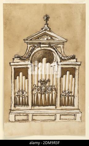 Disegno per un organo, Giuseppe Barberi, italiano, 1746–1809, penna e inchiostro marrone, pennello e lavaggio marrone su foderato biancastro, sotto è una calza con tre pannelli. Gli scomparti laterali sono incorniciati rettangolarmente; quello centrale, più alto, ha sopra i pezzi della parete e il conca di una nicchia. Accanto alla conca si trovano parti del supporto del frontone triangolare, con festoni appesi alla Keystone sulle estremità inferiori. Nel frontone c'è una conchiglia, sopra una stella. Davanti ai tubi, al centro, si scorrono a fianco di una maschera e di un cesto di fiori, rami attraversati lateralmente. Solite background., Roma Foto Stock