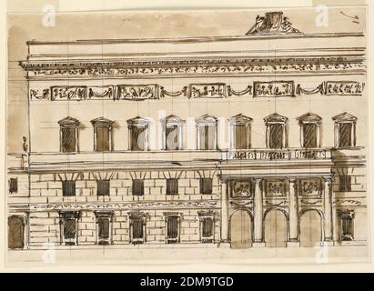 Elevazione di un palazzo comunale, Giuseppe Barberi, italiano, 1746–1809, penna e inchiostro marrone, pennello e lavaggio marrone, squadratura di grafite su carta biancastra, foderata, disegno per una façade di Palazzo Braschi alle Convertite., Roma, Italia, 1786–1787, architettura, disegno Foto Stock