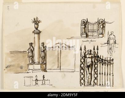 Porta di una villa, Giuseppe Barberi, italiano, 1746–1809, penna e inchiostro marrone, pennello e lavaggio marrone su carta lesa biancastra, foderata, fila sinistra: Sopra, tra parete e porta a due ali, entrambi delineati, è un piedistallo tripartito con una colonna tra due figure. Sopra si trova un vaso con fiori. Di seguito, schizzo approssimativo del lato sinistro di un'elevazione con lo schema di tralicci, lateralmente, e figure su supporti tra i cancelli curvi. Fila destra, sopra: Due figure della stessa altezza del cancello curvo che fiancheggiano. Didascalia: 'quatro formi'. Centro, a destra: Uno schizzo approssimativo per il motivo Foto Stock