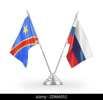 Russia e Repubblica democratica del Congo due bandiere da tavolo isolate bianco Foto Stock