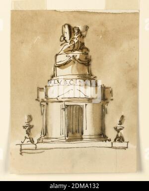 Monumento di Re Luigi XVI di Francia, Giuseppe Barberi, italiano, 1746–1809, penna e inchiostro marrone, pennello e lavaggio marrone su carta leso biancastra, una variazione del 1938-88-1351, la pianta della struttura essendo circolare. La figura in alto probabilmente simile al 1938-88-1301, senza l'angelo., Roma, Italia, ca. 1795, architettura, disegno Foto Stock