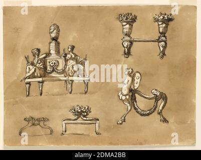 Parafanghi per camino, Giuseppe Barberi, italiano, 1746–1809, penna e inchiostro marrone, pennello e lavaggio marrone su carta defilata biancastra, foderata, bozzetti di andirons., Roma, Italia, 1746–1809, mobili, disegno Foto Stock