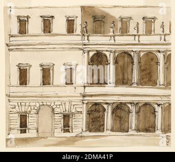 Elevazione del Palazzo Comunale, Giuseppe Barberi, italiano, 1746–1809, penna e inchiostro marrone, pennello e lavaggio marrone su carta depennata biancastra, la metà sinistra è mostrata nell'altezza di tre piani. Una variante del disegno -1058, con due colonnati. La sezione sinistra corrisponde a -1063., Roma, Italia, ca. 1793-1794, architettura, disegno Foto Stock