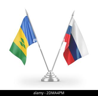Russia e Saint Vincent e Grenadine due bandiere da tavola isolato su bianco Foto Stock