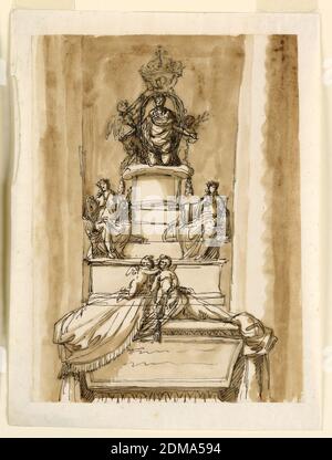 Design for Stuart Monument, Giuseppe Barberi, 1746–1809, penna e inchiostro marrone, pennello e lavaggio marrone su carta leso biancastra, lo schema e il sarcofago sono varianti del 1938-88-1296. Il progetto inizia qui sotto con il sarcofago. Il piedistallo ha una base, sopra la quale si elevano tre gradini e un piccolo piedistallo sulla sommità. Sui gradini siedono due donne coronate, la sinistra che porta uno scudo o un medaglione e un mace, quella destra qualcosa di indistinto. Accanto alla sinistra si trovano le fasce accanto alla destra, probabilmente un casco. In cima si inginocchia il re con le braccia estese su un cuscino, visto dalla parte anteriore Foto Stock