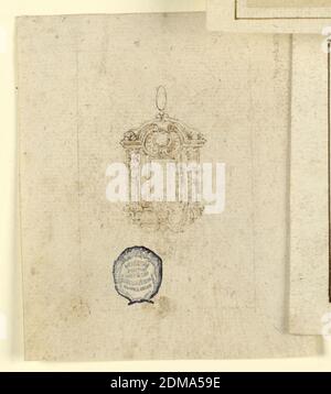 Disegno per un pendente, grafite, penna e inchiostro, pennello e seppia su carta, taglio architettonico fiancheggiato da figure di termine. Coppia di volute in alto. Perla pensile in basso., Italia, XVI secolo, gioielli, disegno Foto Stock