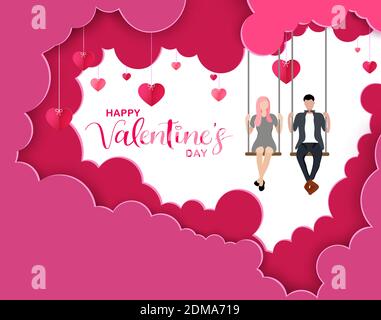 Disegno di sfondo vettoriale dei caratteri di Valentines. Felice giorno di San Valentino testo con coppia caratteri datazione e seduta in swing con carta tagliare cuori. Illustrazione Vettoriale