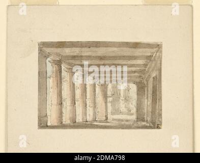 Stage Design, Portico, inchiostro penna e seppia, pennello e lavaggio su carta, rettangolo orizzontale. Portico in stile antico, edifici da vedere attraverso intervalli di colonne., Italia, primi del 19 ° secolo, teatro, disegno Foto Stock