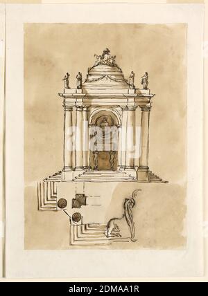 Design per un Monumento sepolcrale, Giuseppe Barberi, italiano, 1746–1809, penna e inchiostro marrone, pennello e lavaggio marrone su carta defilata biancastra, la parete posteriore di un padiglione ha la forma di una nicchia. Nel suo è sotto il sarcofago sostenuto da Atlantide, e sopra una nicchia ovale con un'urna. Un festone circonda la parte inferiore di questa nicchia. Lateralmente e frontalmente non si trovano pareti, ma archi sostenuti da due pilastri. L'entablatura sporge davanti agli angoli ed è supportata da due colonne obliquamente in piedi. I gradini sporgenti rettangolarmente danno accesso alla piattaforma. Foto Stock