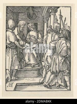 Pilato lavando le mani, dalla Little Passion Series, Albrecht Dürer, tedesco, 1471–1528, Woodcut su carta, Pilato è seduto sul trono a sinistra, rivolto a destra. Si lava le mani in un bacino poco profondo, assistito da un servo, che versa l'acqua. Cristo viene mostrato essere condotto via dai soldati, giusto. Monogramma di Dürer, in basso a sinistra, Germania, ca. 1509–1511, Stampa Foto Stock