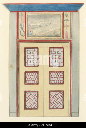 Porta e porta sopra, stanza di disegno blu (Sud), Frederick Crace, Inglese, 1779–1859, penna e inchiostro nero, pennello e acquerello su carta wove bianca, con sagome, rettangolo verticale. Design per il Royal Pavilion di Brighton. Disegno per una sezione di parete, con porte doppie con pannelli verniciati a reticolo e disegno geometrico. La porta di sopra consiste in un dipinto di figure cinesi in un paesaggio, album originale associato a questa collezione esiste ancora. Vedere 1948-40-1 accessory, England, 1815–22, Architecture, Drawing Foto Stock